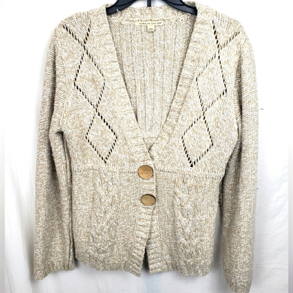 Carolyn Taylor Beige Cardigan Sweater with Silver Accent Button Up Sz L - Picture 1 of 9